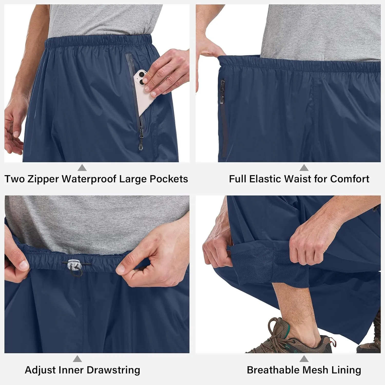 Men's Rain Pants Waterproof Windproof Hiking Rain Over Pants for Outdoor Fishing Golf Motorcycle Cycling