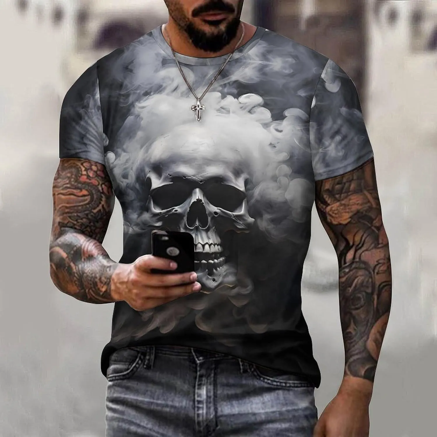 Mens Skull T-Shirts Slim Fit Qucik Dry Short Sleeve 3D Skull Graphic Print Summer Streetwear Tees