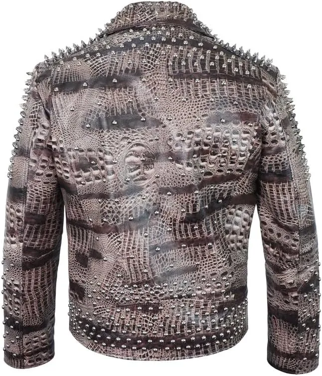Men's Spiked Biker Jacket in Multicolor Cowhide Leather with Punk Rock Vibes