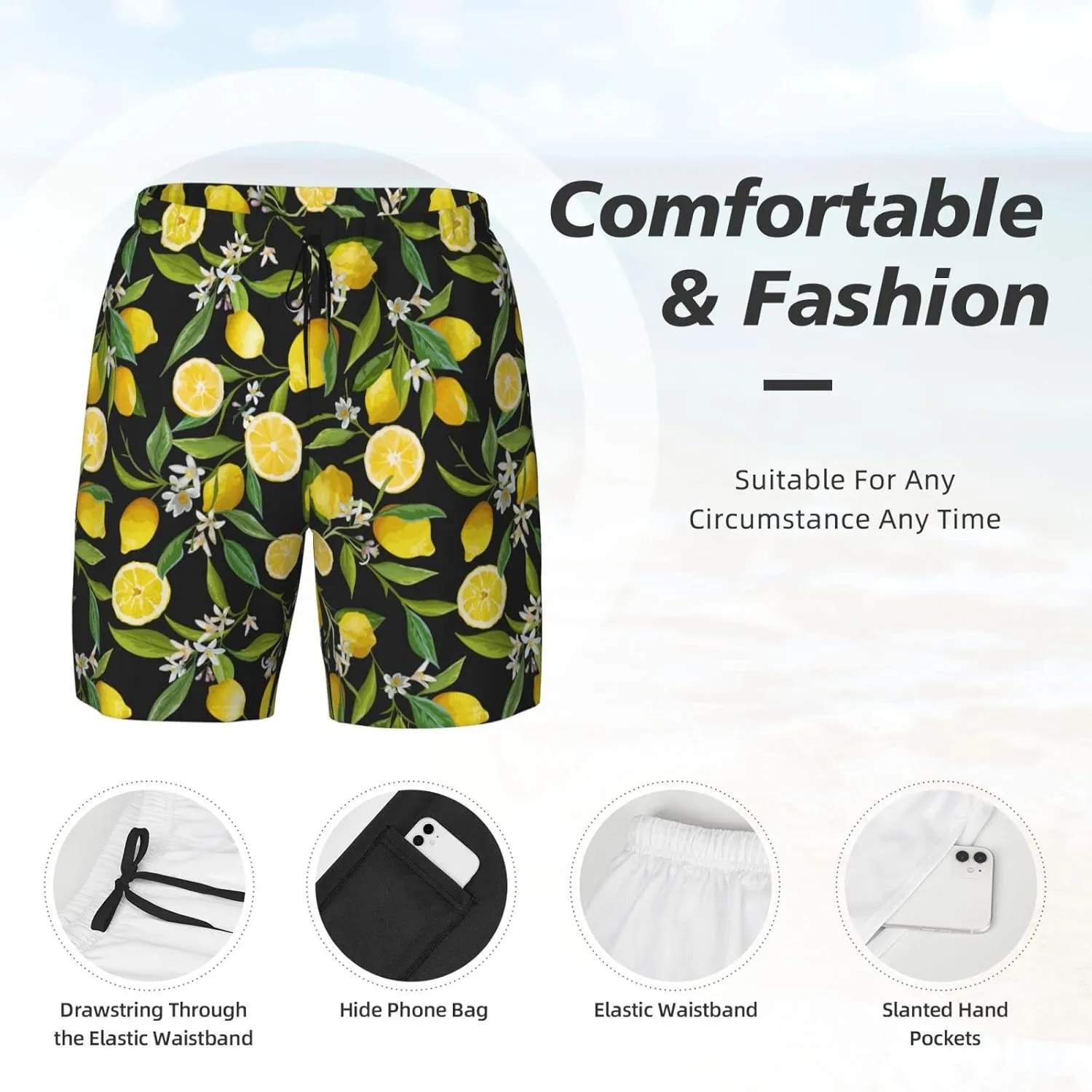 Mens Swim Trunks with Compression Liner Quick Dry Bathing Suit Stretch Swimwear Music Notes Board Shorts Beach Shorts