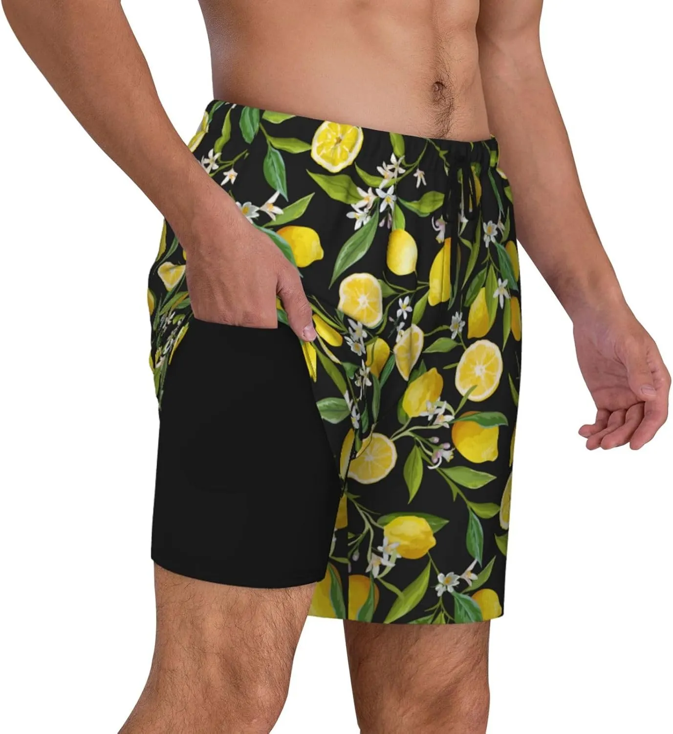 Mens Swim Trunks with Compression Liner Quick Dry Bathing Suit Stretch Swimwear Music Notes Board Shorts Beach Shorts
