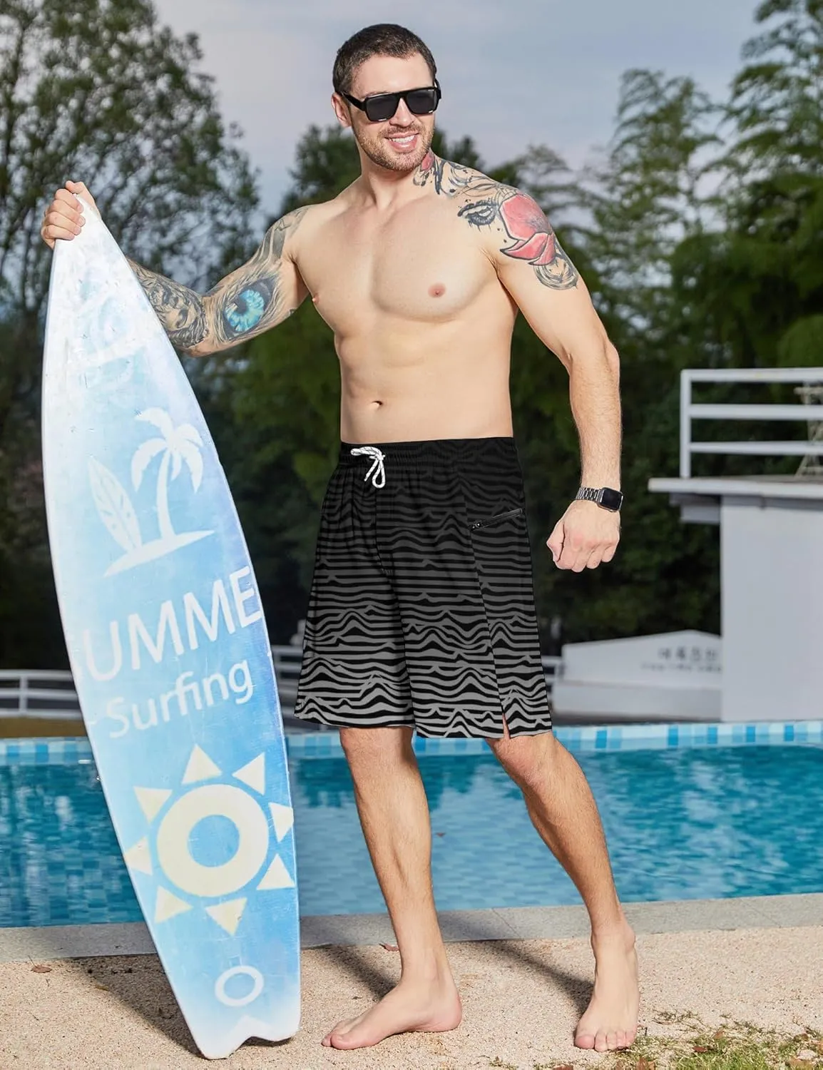 Men's Swim Trunks with Compression Liner Swim Shorts Board Shorts 9 Inch Quick Dry Bathing Suit with Zipper Pockets