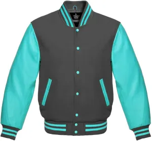 Men's Varsity Baseball Letterman Bomber Jacket Wool & Turquoise Genuine Leather Sleeves