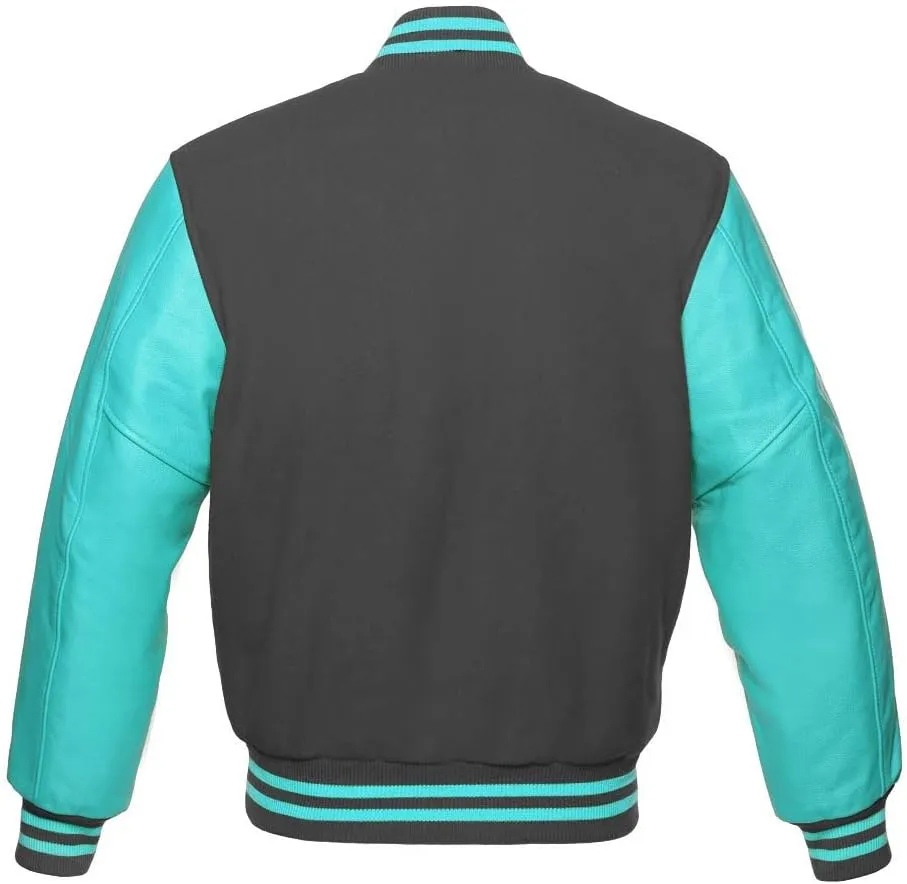Men's Varsity Baseball Letterman Bomber Jacket Wool & Turquoise Genuine Leather Sleeves