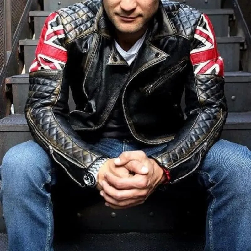 Mens Vintage Cafe Racer UK Flag Quilted Biker Leather Jacket | Motorcycle Jacket for Men