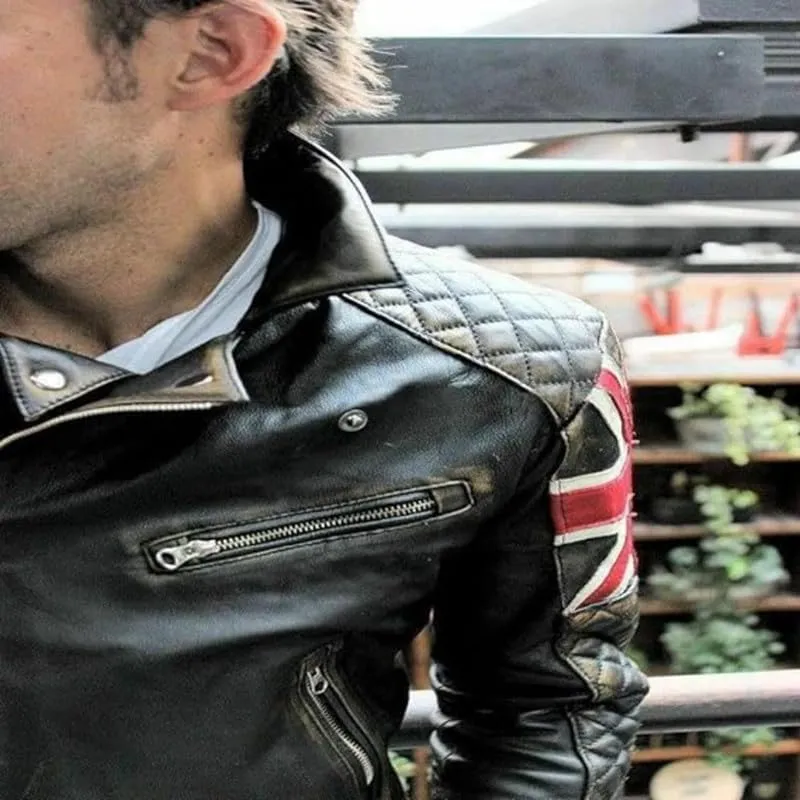 Mens Vintage Cafe Racer UK Flag Quilted Biker Leather Jacket | Motorcycle Jacket for Men