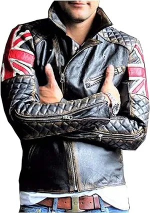 Mens Vintage Cafe Racer UK Flag Quilted Biker Leather Jacket | Motorcycle Jacket for Men