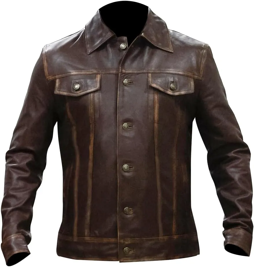 Mens Vintage Style Trucker Leather Jacket Lambskin Classic Fashion Mens Motorcycle Jackets