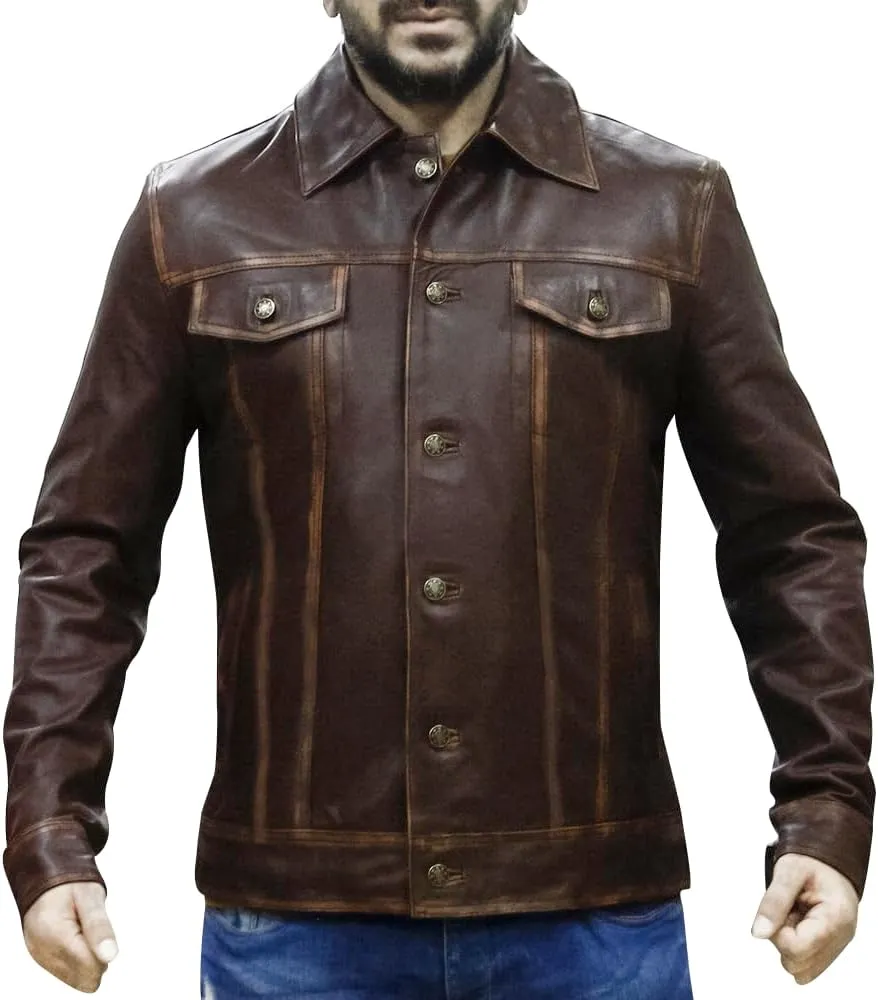 Mens Vintage Style Trucker Leather Jacket Lambskin Classic Fashion Mens Motorcycle Jackets
