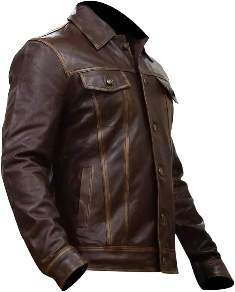 Mens Vintage Style Trucker Leather Jacket Lambskin Classic Fashion Mens Motorcycle Jackets