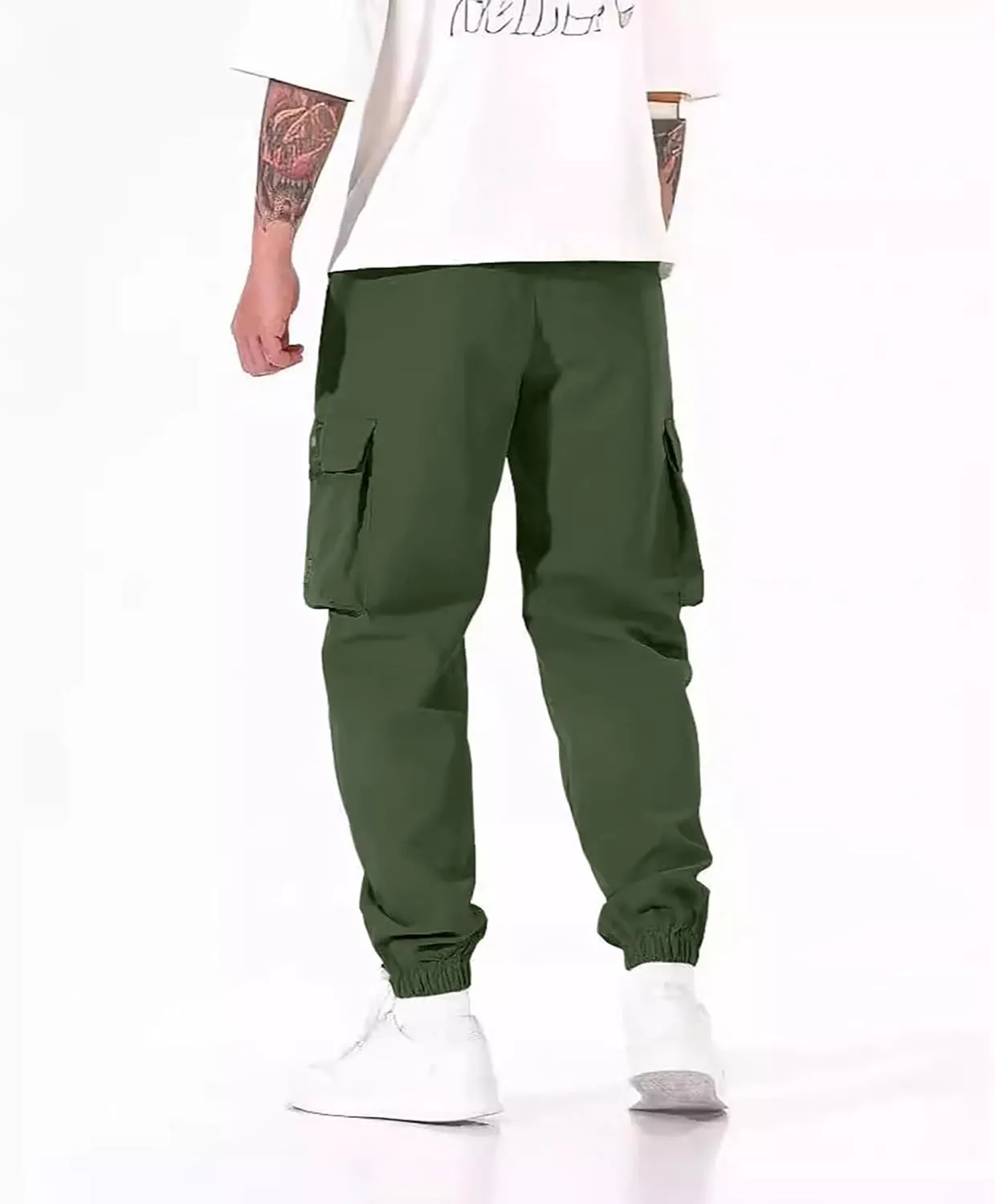 Men's Work Pants Cuffed Casual Slim Fit Stretch Pants with Multi-Pockets