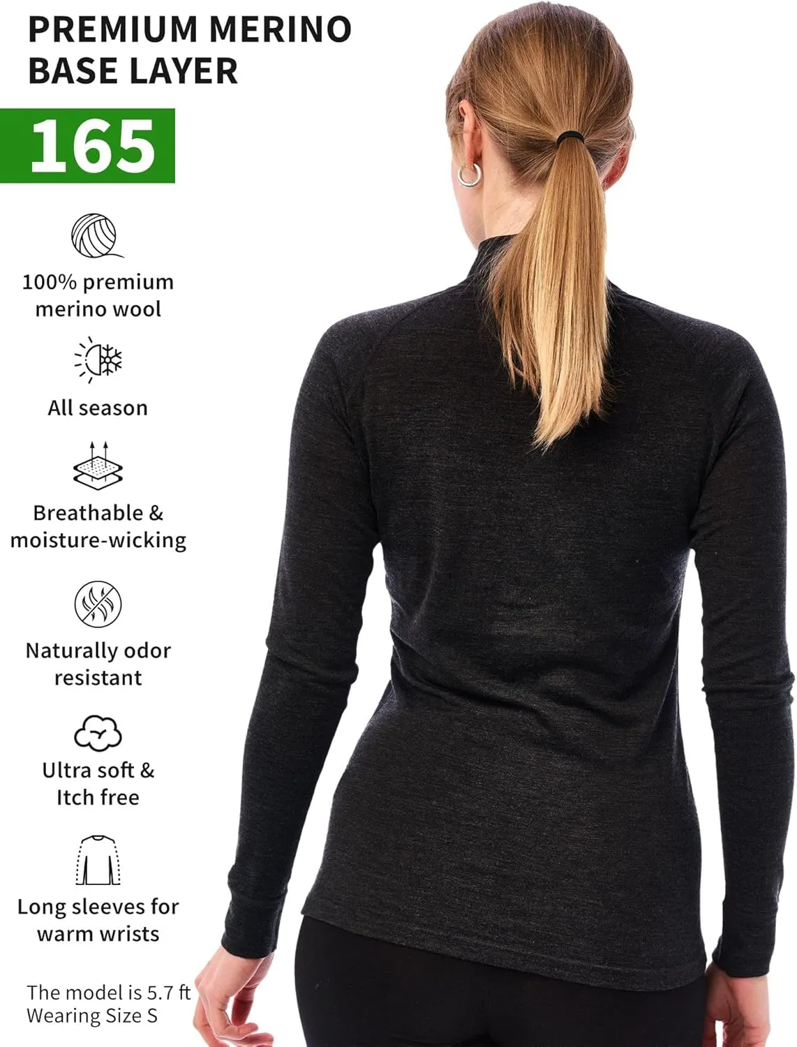 Merino Wool Base Layer Women - 100% Merino Half Zip Sweater Women Lite, Midweight, Heavyweight Thermal Shirts and Socks