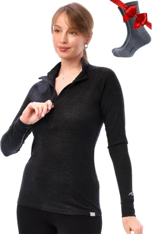Merino Wool Base Layer Women - 100% Merino Half Zip Sweater Women Lite, Midweight, Heavyweight Thermal Shirts and Socks