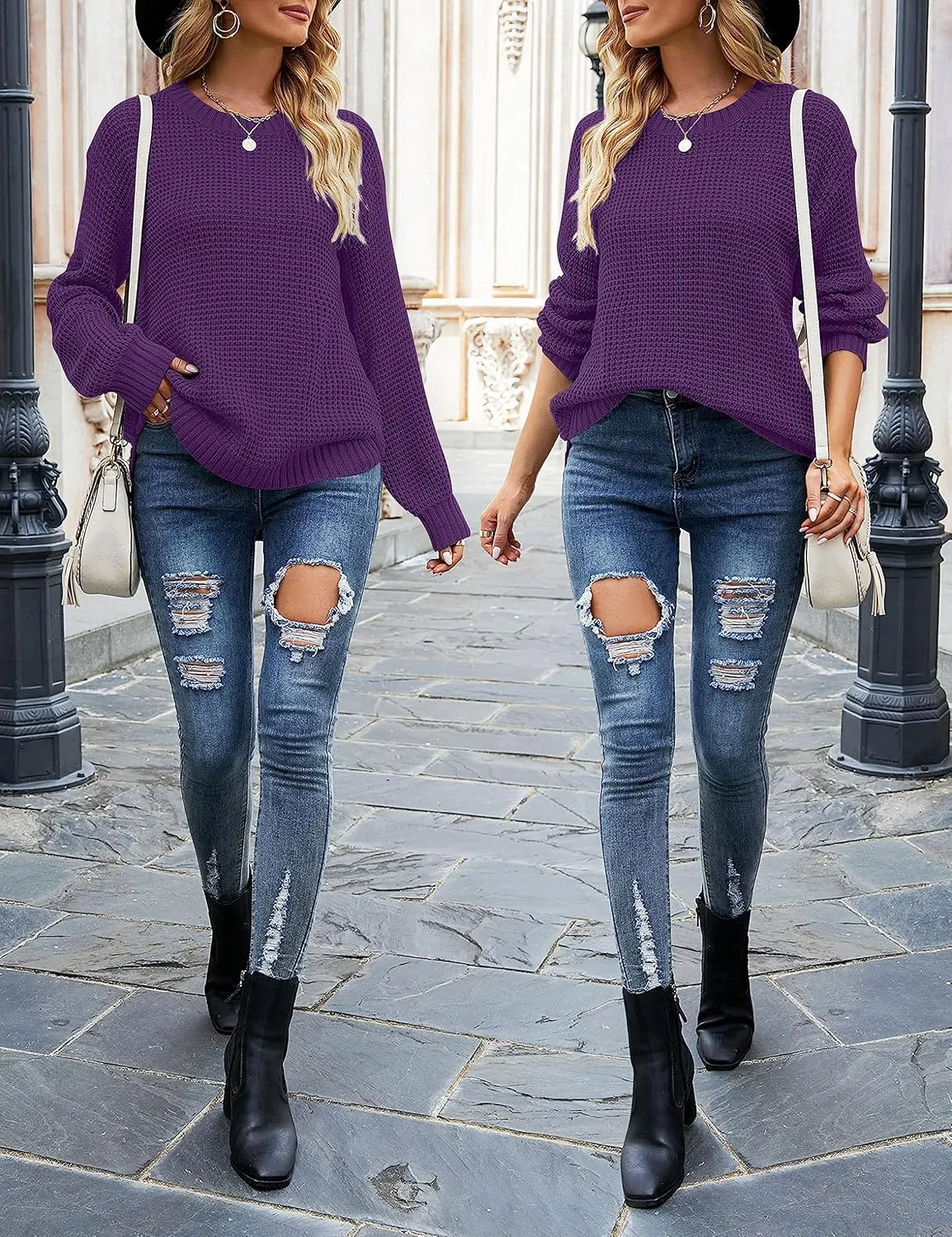 MEROKEETY Women's 2024 Fall Casual Fall Waffle Knit Sweater Long Balloon Sleeve Loose Pullover Jumper