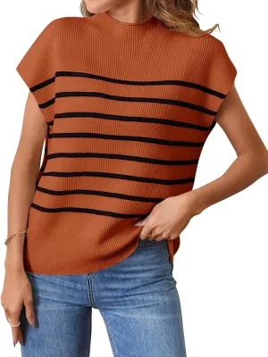 MEROKEETY Women's 2025 Sleeveless Mock Neck Striped Sweater Vest Cap Sleeve Ribbed Knit Pullover Tank Tops
