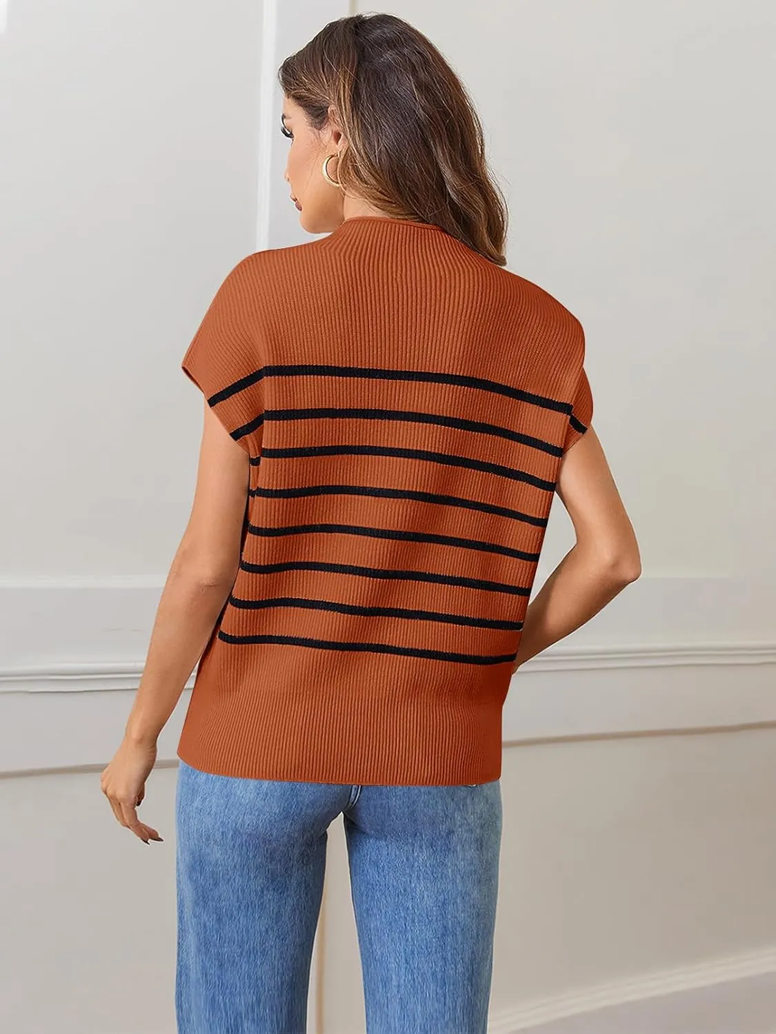 MEROKEETY Women's 2025 Sleeveless Mock Neck Striped Sweater Vest Cap Sleeve Ribbed Knit Pullover Tank Tops