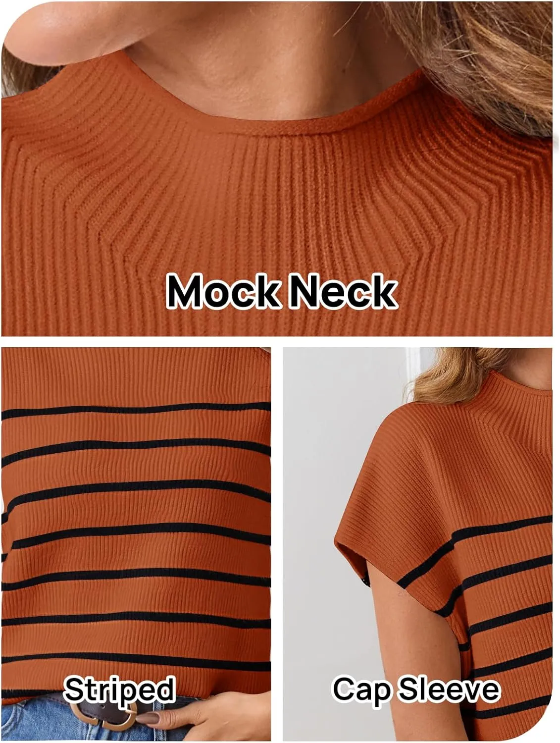 MEROKEETY Women's 2025 Sleeveless Mock Neck Striped Sweater Vest Cap Sleeve Ribbed Knit Pullover Tank Tops