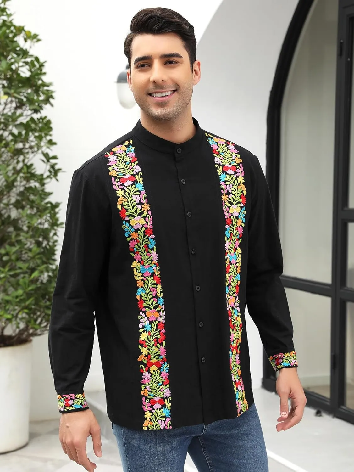 Mexican Shirts for Men Guayabera Embroidered Traditional Fiesta Button Up Mandarin Collared Long Sleeve Shirt