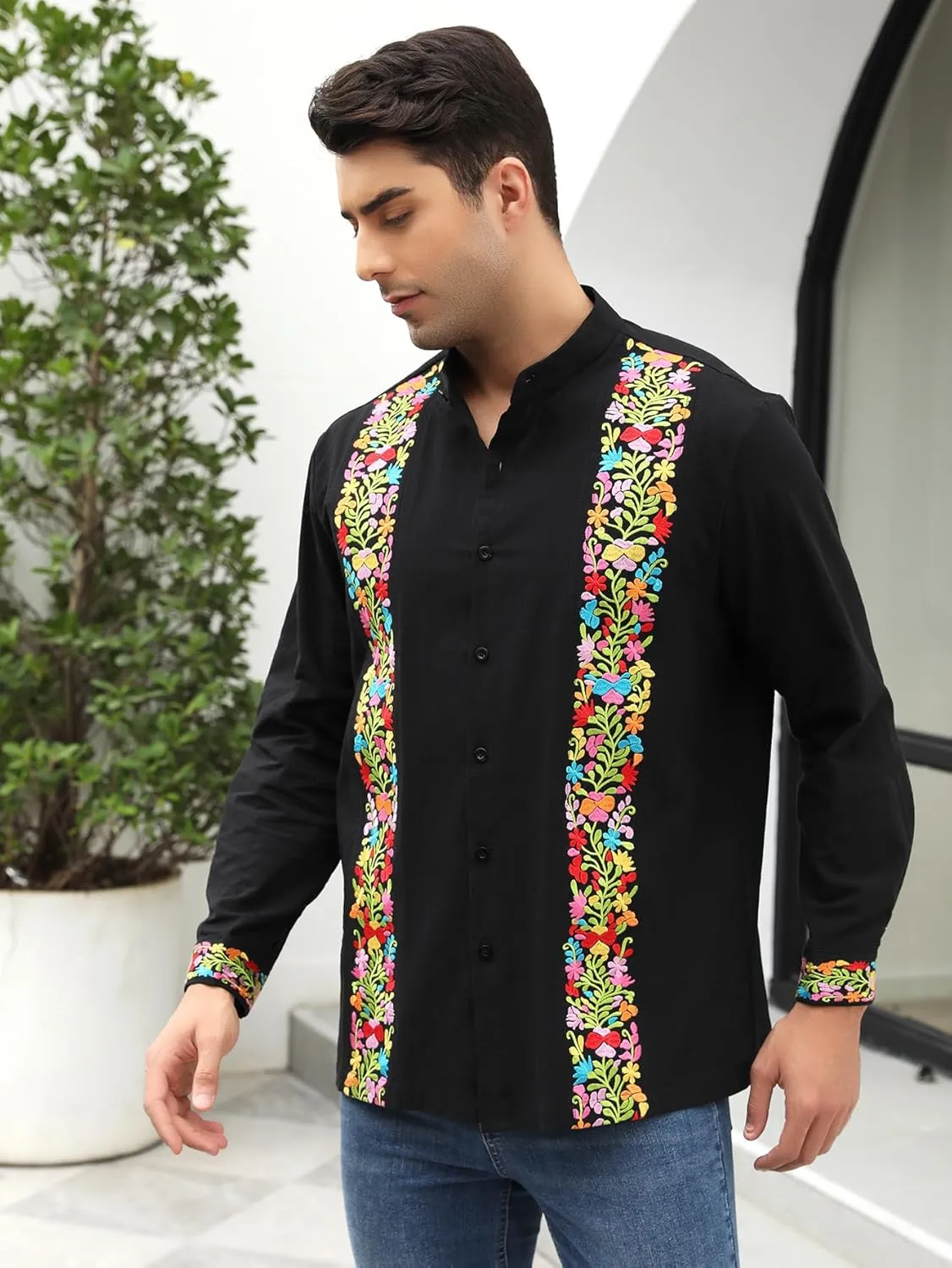 Mexican Shirts for Men Guayabera Embroidered Traditional Fiesta Button Up Mandarin Collared Long Sleeve Shirt