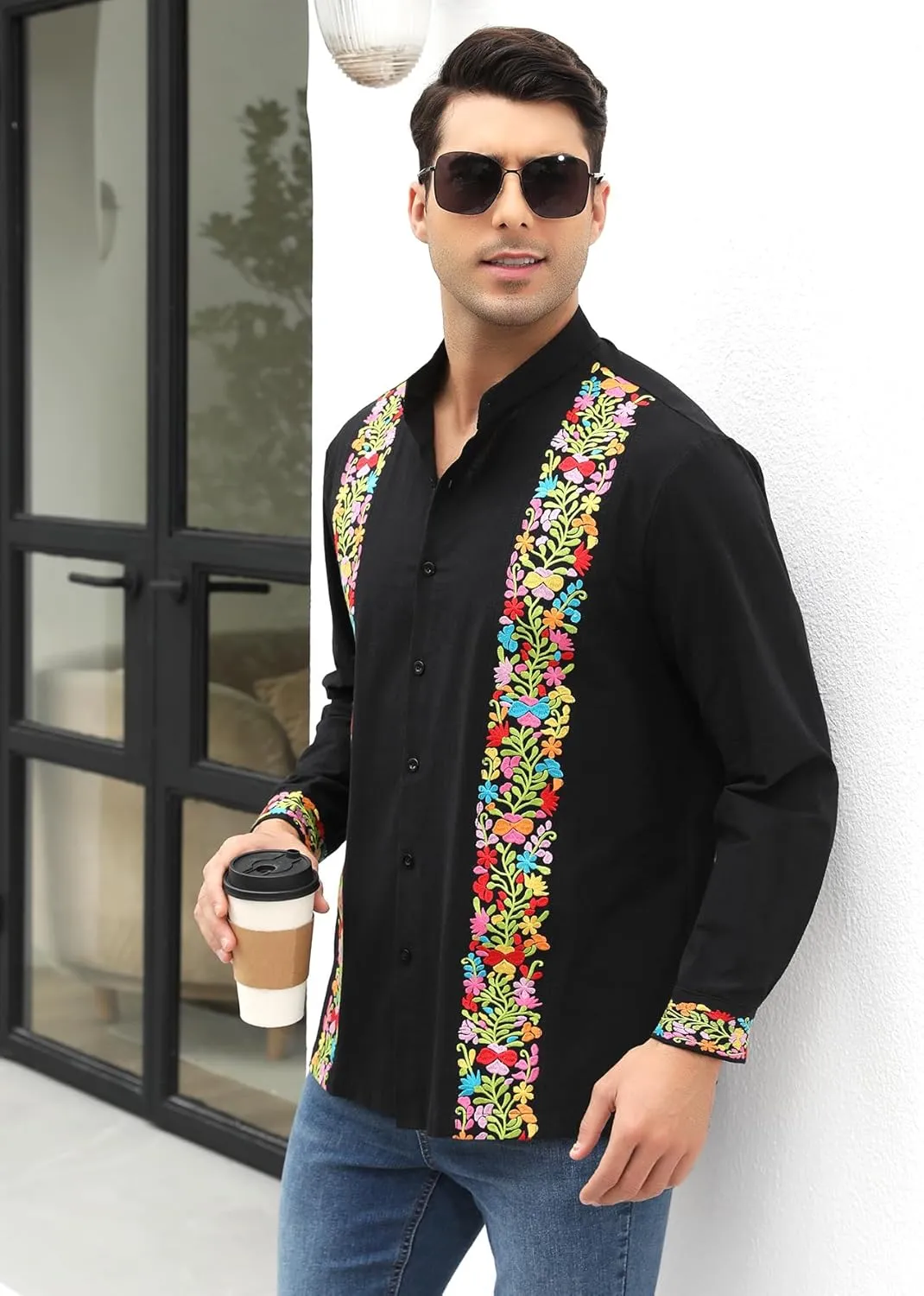 Mexican Shirts for Men Guayabera Embroidered Traditional Fiesta Button Up Mandarin Collared Long Sleeve Shirt