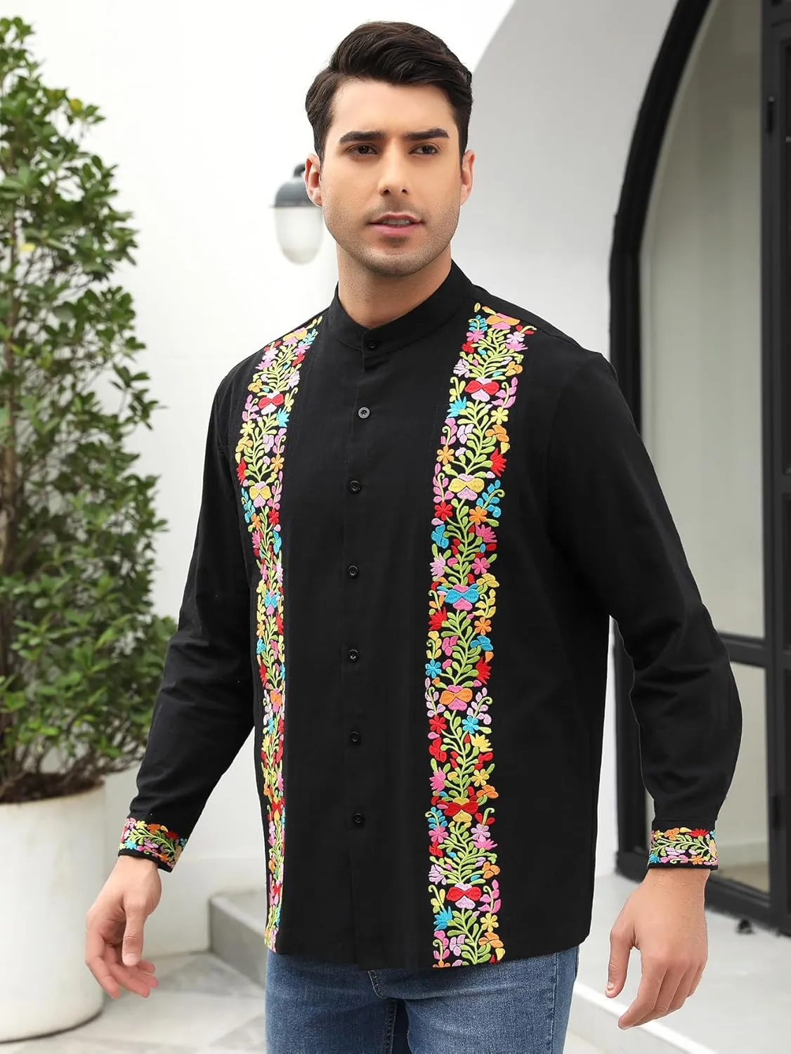 Mexican Shirts for Men Guayabera Embroidered Traditional Fiesta Button Up Mandarin Collared Long Sleeve Shirt