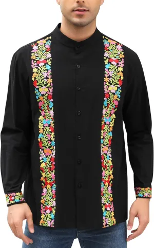 Mexican Shirts for Men Guayabera Embroidered Traditional Fiesta Button Up Mandarin Collared Long Sleeve Shirt