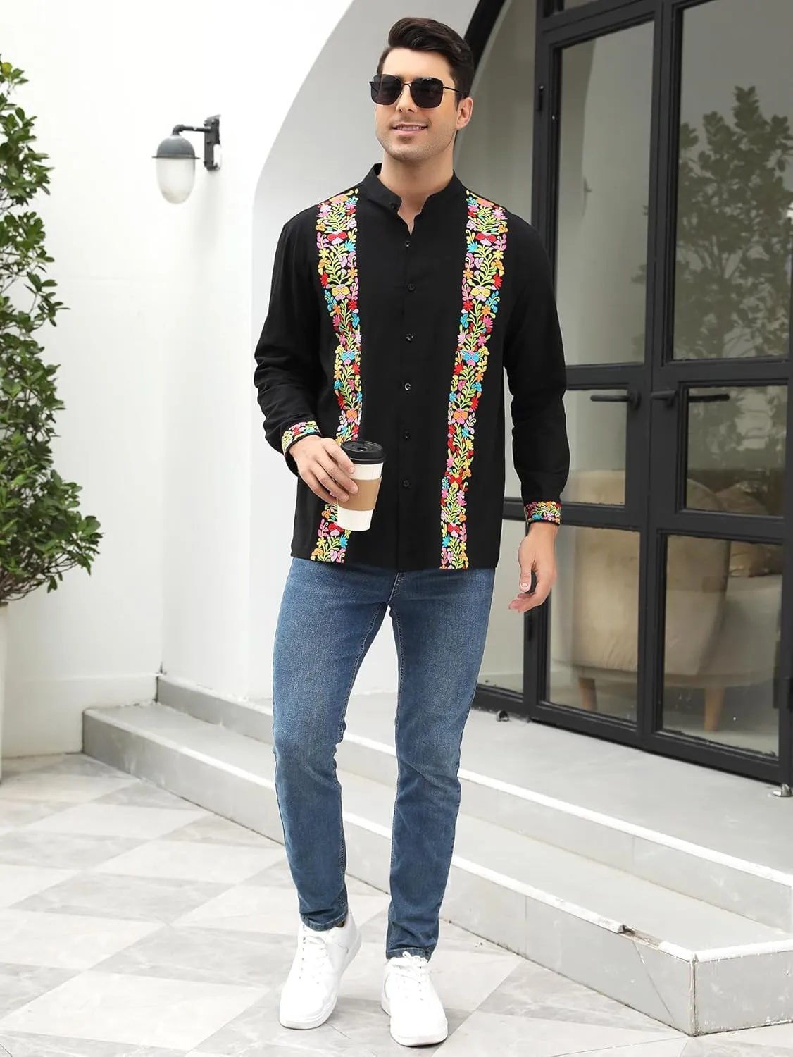 Mexican Shirts for Men Guayabera Embroidered Traditional Fiesta Button Up Mandarin Collared Long Sleeve Shirt