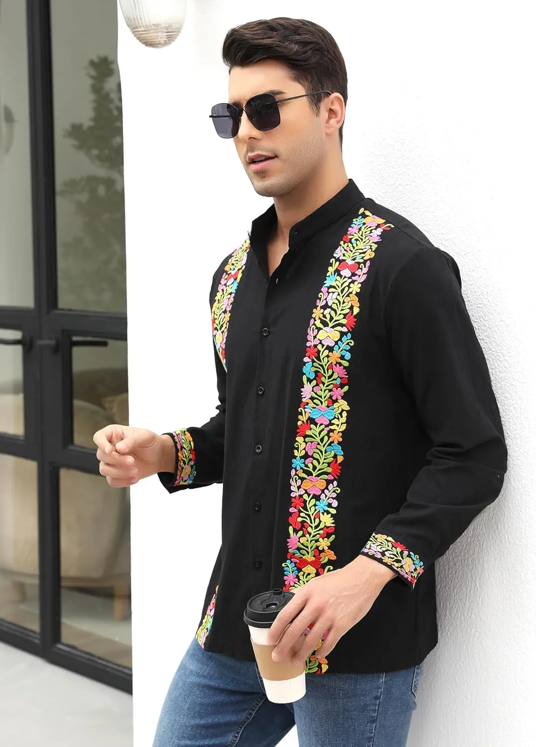 Mexican Shirts for Men Guayabera Embroidered Traditional Fiesta Button Up Mandarin Collared Long Sleeve Shirt