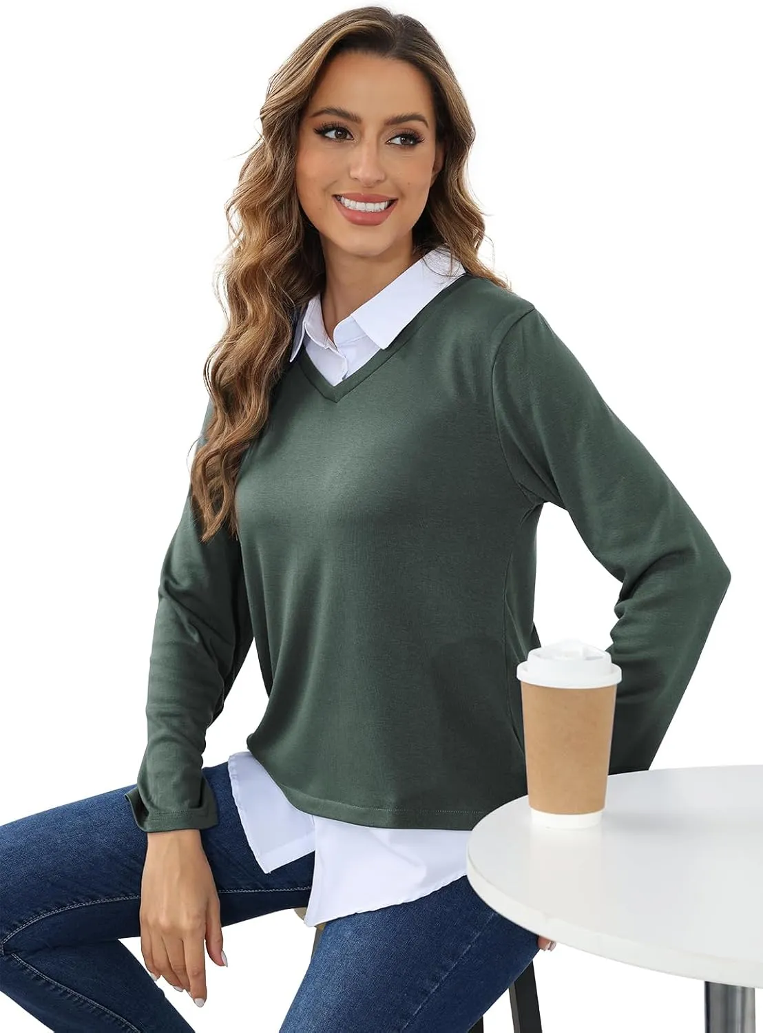 MISS FORTUNE Women's V-Neck Collar 2 in 1 Office Tunic Sweater