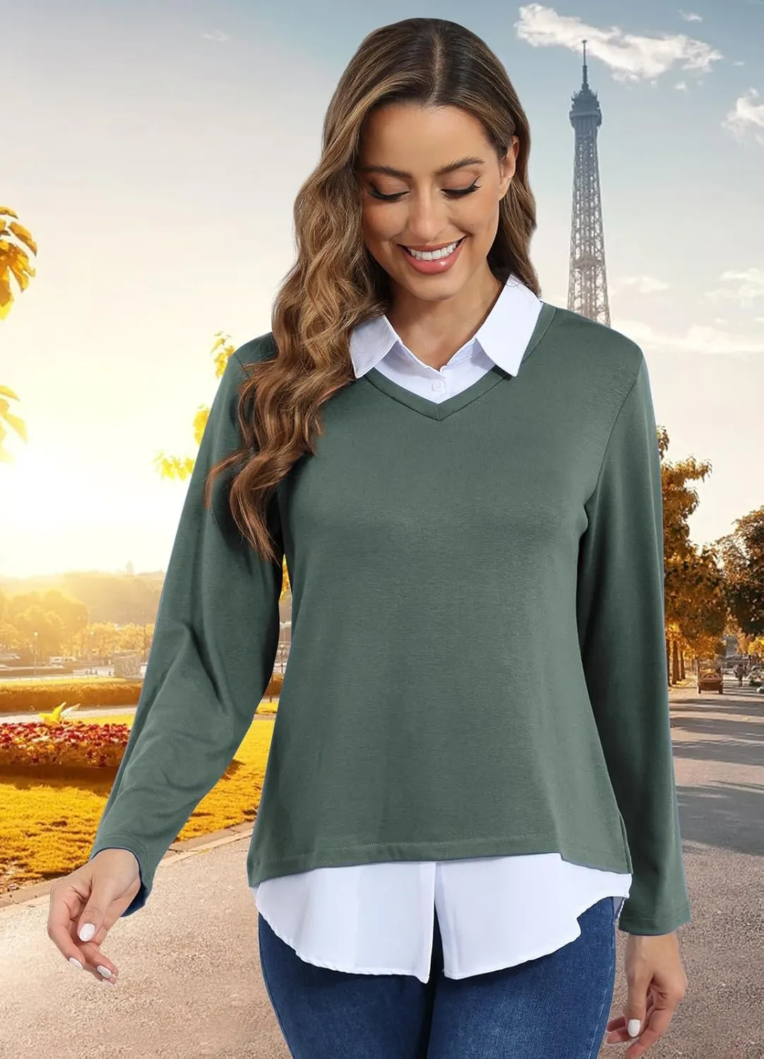 MISS FORTUNE Women's V-Neck Collar 2 in 1 Office Tunic Sweater