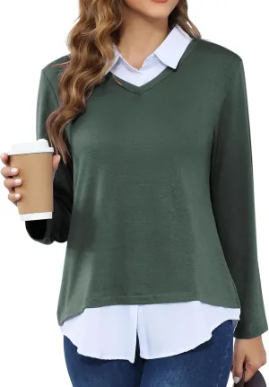 MISS FORTUNE Women's V-Neck Collar 2 in 1 Office Tunic Sweater