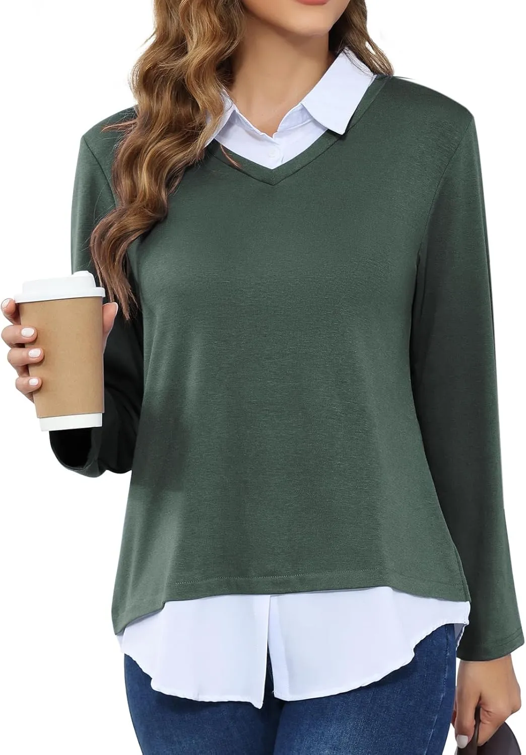 MISS FORTUNE Women's V-Neck Collar 2 in 1 Office Tunic Sweater