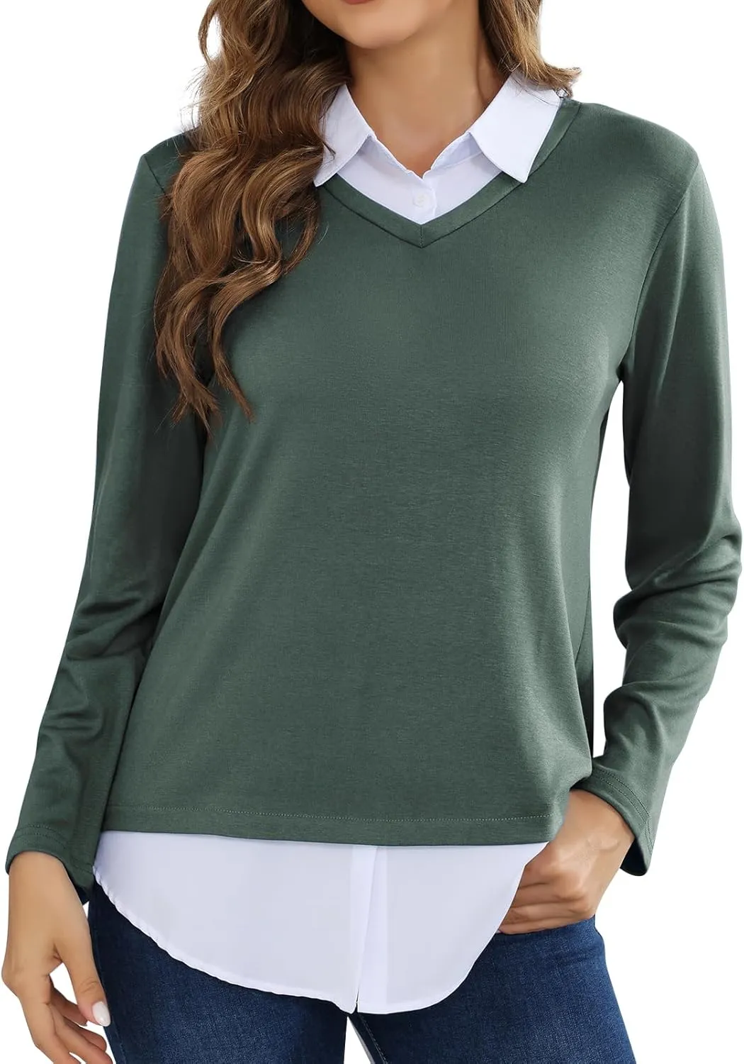 MISS FORTUNE Women's V-Neck Collar 2 in 1 Office Tunic Sweater