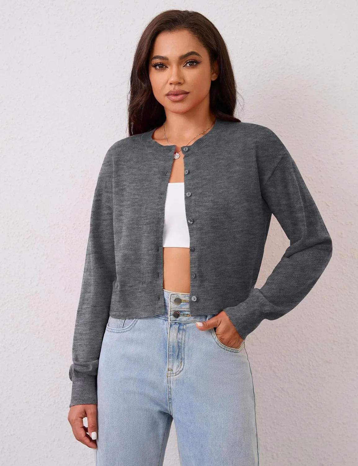 MISSACTIVER Women's Button Down Cropped Cardigan Sweater Solid Open Front Long Sleeve Crewneck Knitted Fall Cardigans Jacket
