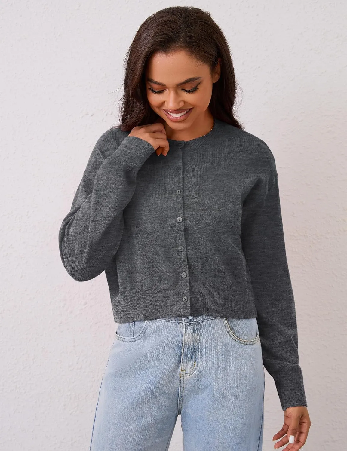 MISSACTIVER Women's Button Down Cropped Cardigan Sweater Solid Open Front Long Sleeve Crewneck Knitted Fall Cardigans Jacket