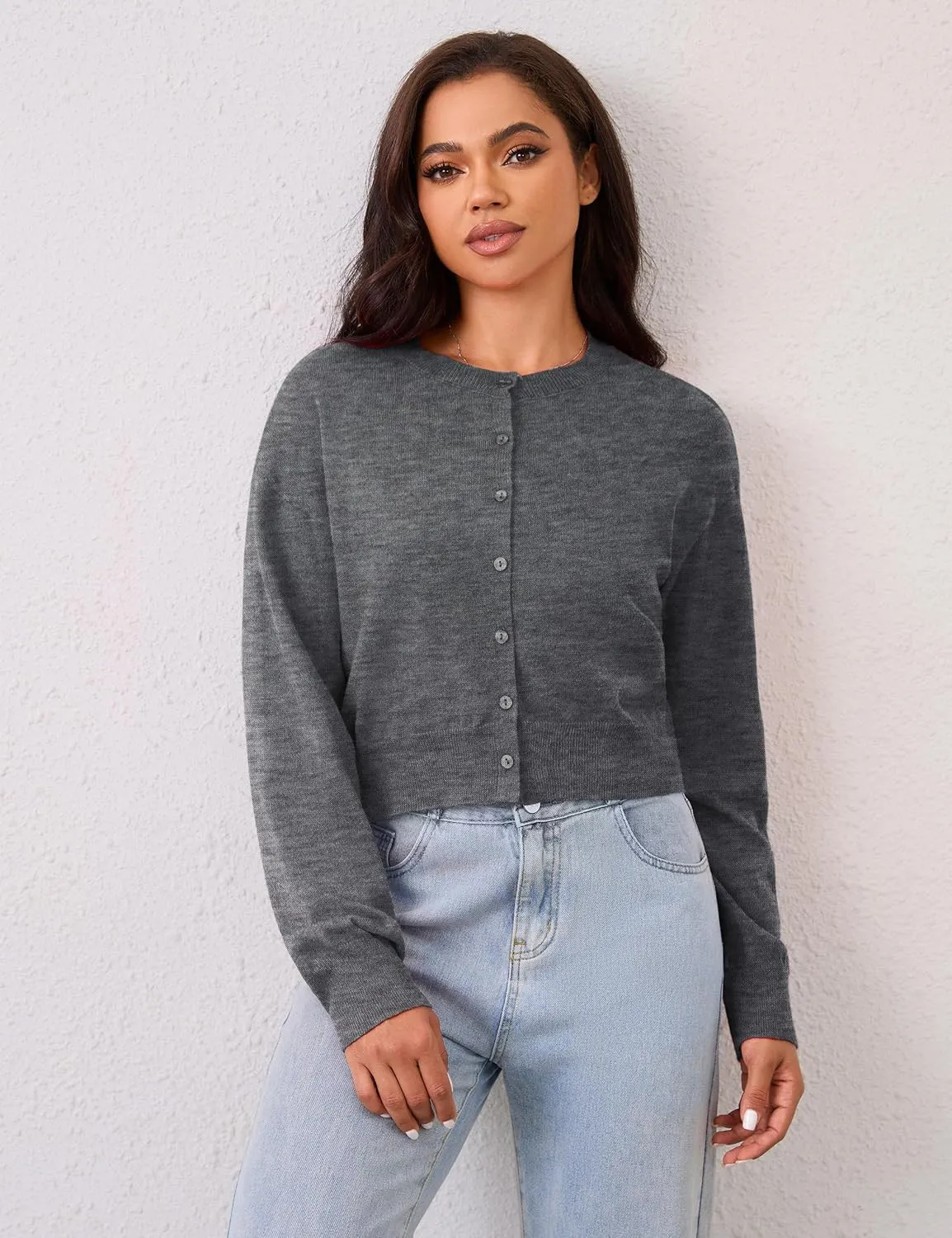MISSACTIVER Women's Button Down Cropped Cardigan Sweater Solid Open Front Long Sleeve Crewneck Knitted Fall Cardigans Jacket
