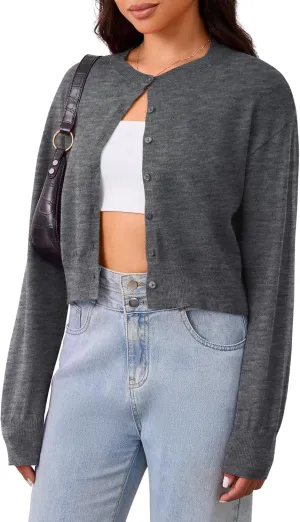 MISSACTIVER Women's Button Down Cropped Cardigan Sweater Solid Open Front Long Sleeve Crewneck Knitted Fall Cardigans Jacket