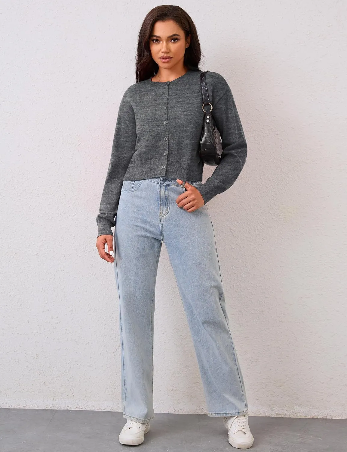 MISSACTIVER Women's Button Down Cropped Cardigan Sweater Solid Open Front Long Sleeve Crewneck Knitted Fall Cardigans Jacket