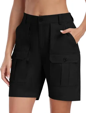 MoFiz Women's Cargo Bermuda Shorts Long Cotton Hiking Twill Chino Shorts Elastic Waist for Summer Casual Golf Travel Outdoor