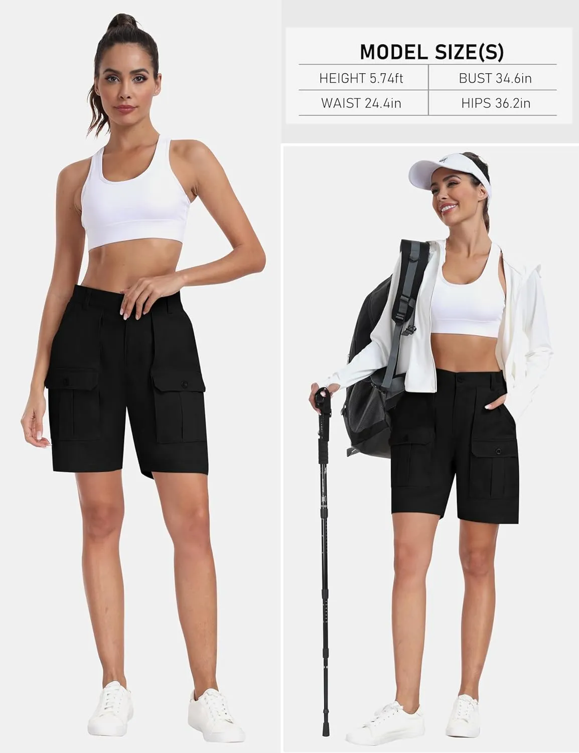 MoFiz Women's Cargo Bermuda Shorts Long Cotton Hiking Twill Chino Shorts Elastic Waist for Summer Casual Golf Travel Outdoor