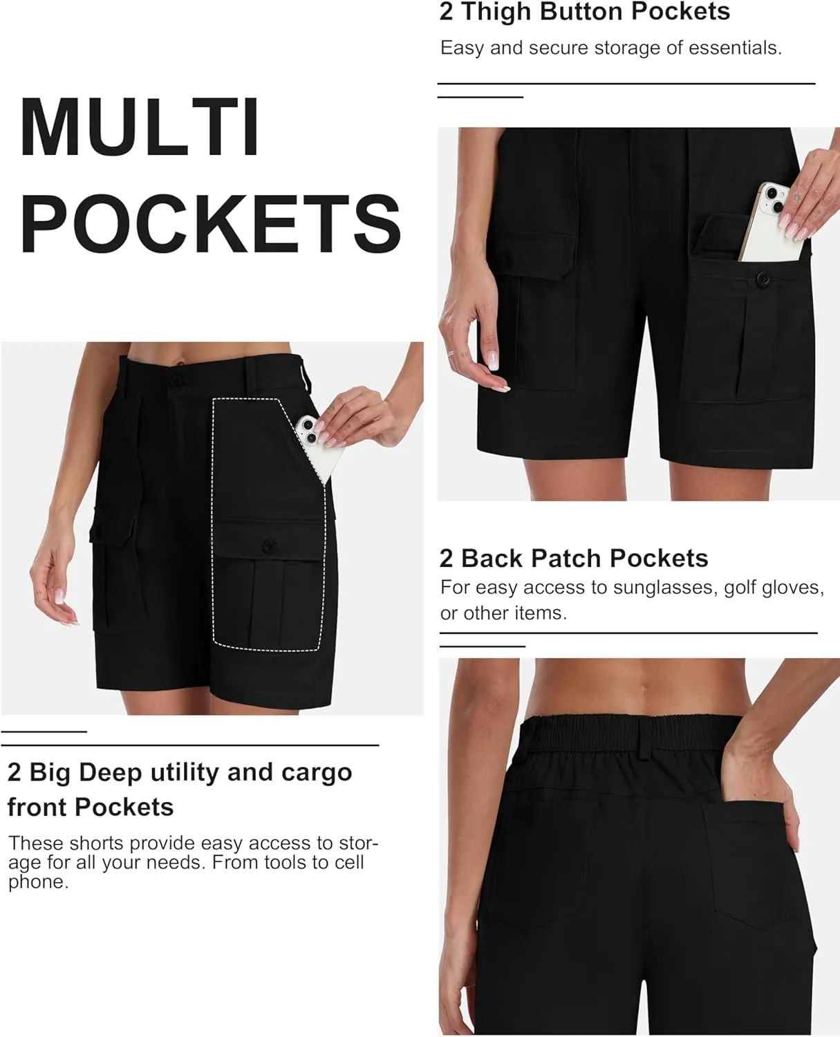MoFiz Women's Cargo Bermuda Shorts Long Cotton Hiking Twill Chino Shorts Elastic Waist for Summer Casual Golf Travel Outdoor