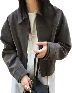 MOLERFO Suede Jacket Y2k Outerwear Faux Leather Cropped Brown Jacket Women Fall Jackets Fashion 2024 Trendy Bomber Jacket