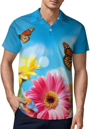 Monarch Butterfly Flowers Spring Men's Polo Shirt Short Sleeve Casual Athletic Quick Dry Golf T-Shirts