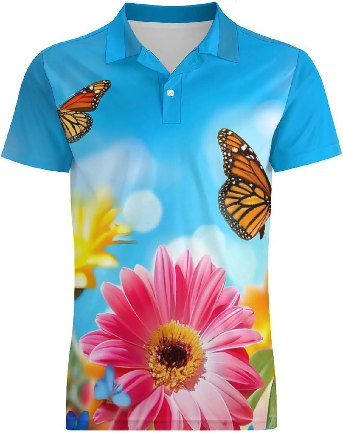Monarch Butterfly Flowers Spring Men's Polo Shirt Short Sleeve Casual Athletic Quick Dry Golf T-Shirts