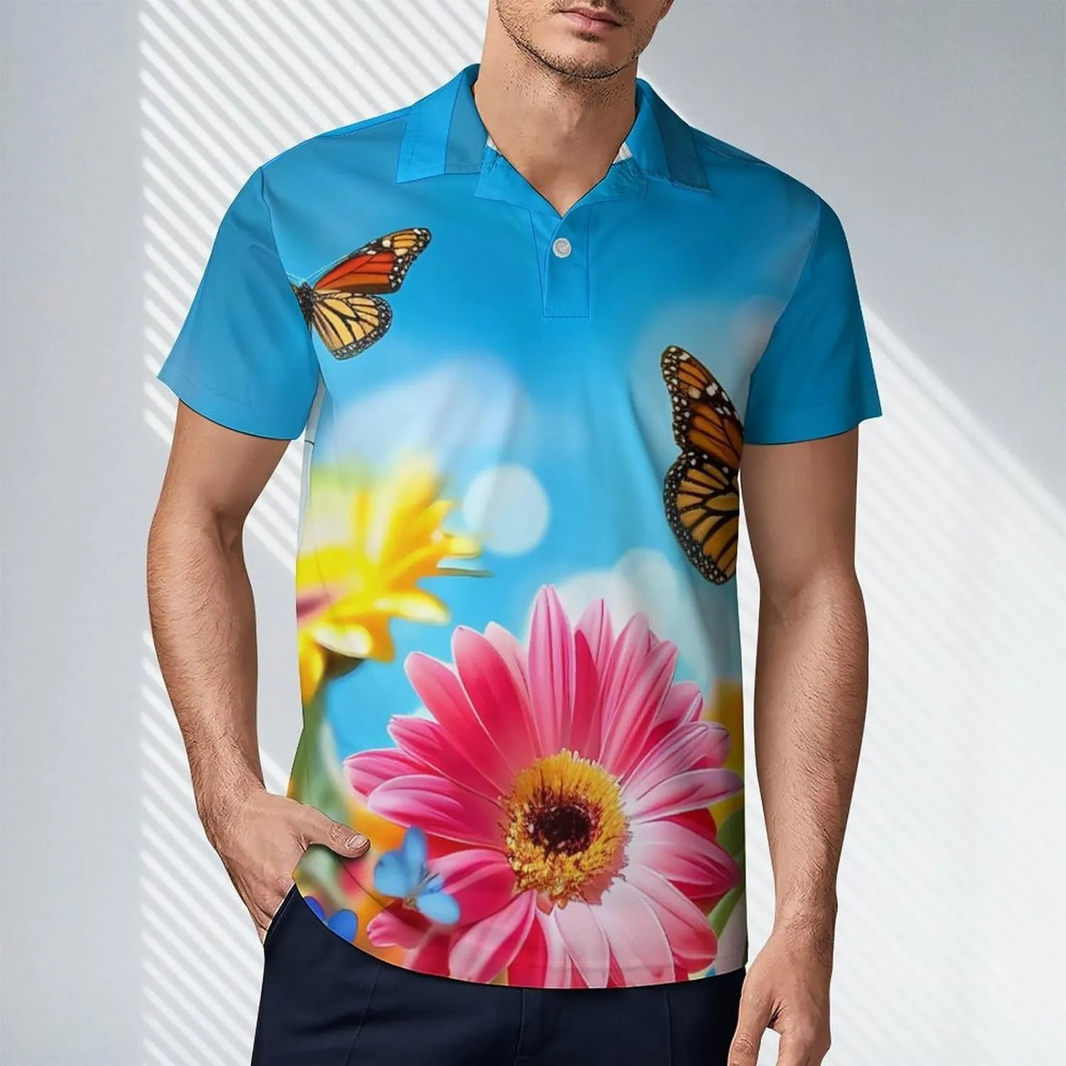 Monarch Butterfly Flowers Spring Men's Polo Shirt Short Sleeve Casual Athletic Quick Dry Golf T-Shirts