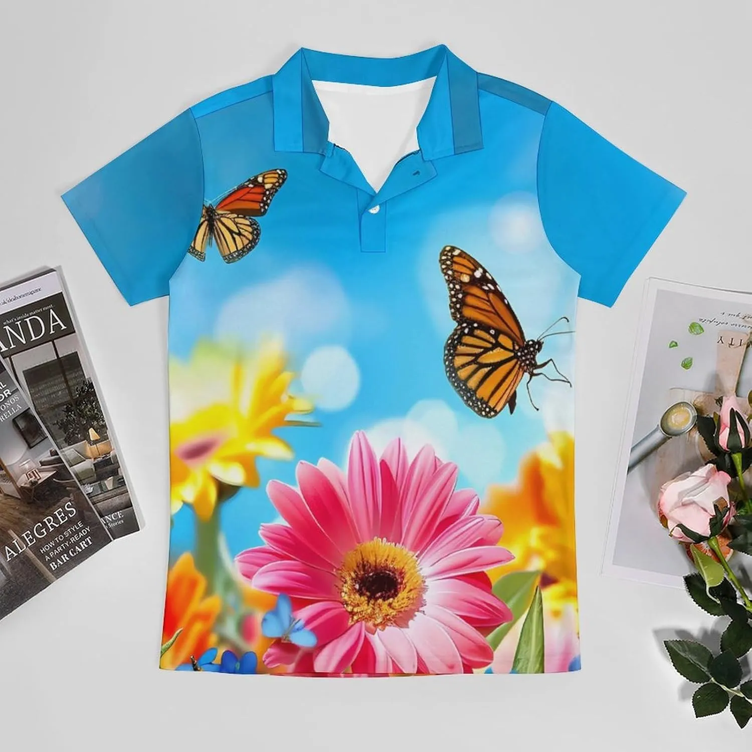 Monarch Butterfly Flowers Spring Men's Polo Shirt Short Sleeve Casual Athletic Quick Dry Golf T-Shirts
