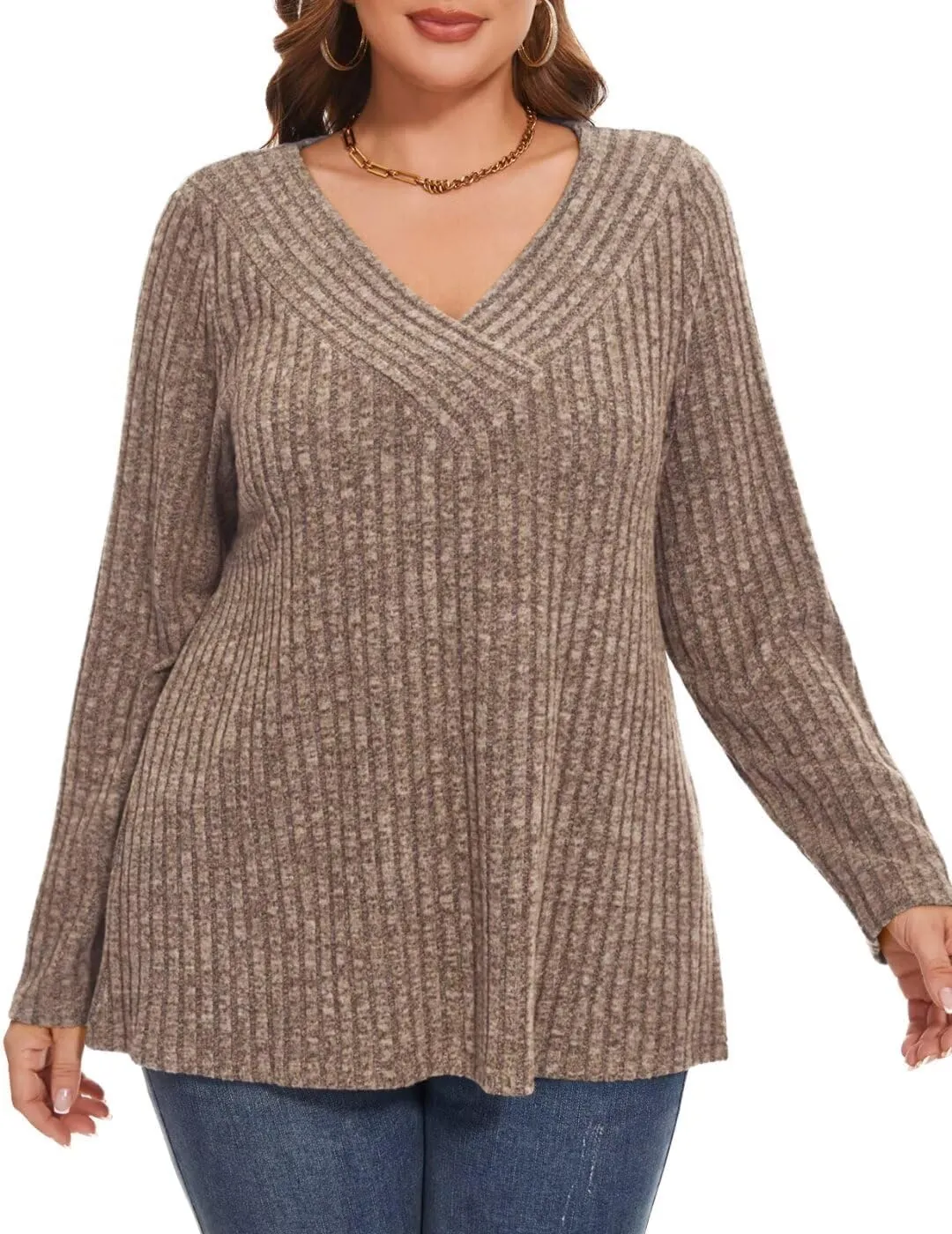 MONNURO Plus Size Women's Long Sleeve Sweater Tops V-Neck Loose Fit Dressy Fall Tunic Sweater