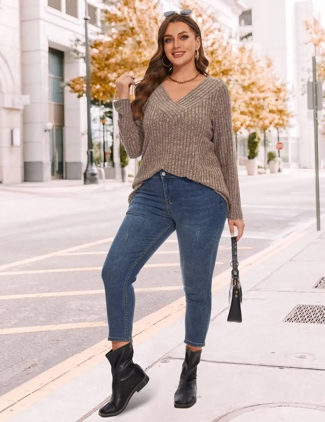 MONNURO Plus Size Women's Long Sleeve Sweater Tops V-Neck Loose Fit Dressy Fall Tunic Sweater
