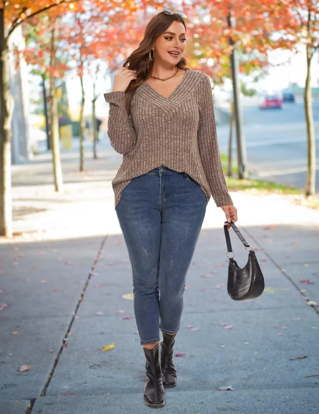 MONNURO Plus Size Women's Long Sleeve Sweater Tops V-Neck Loose Fit Dressy Fall Tunic Sweater