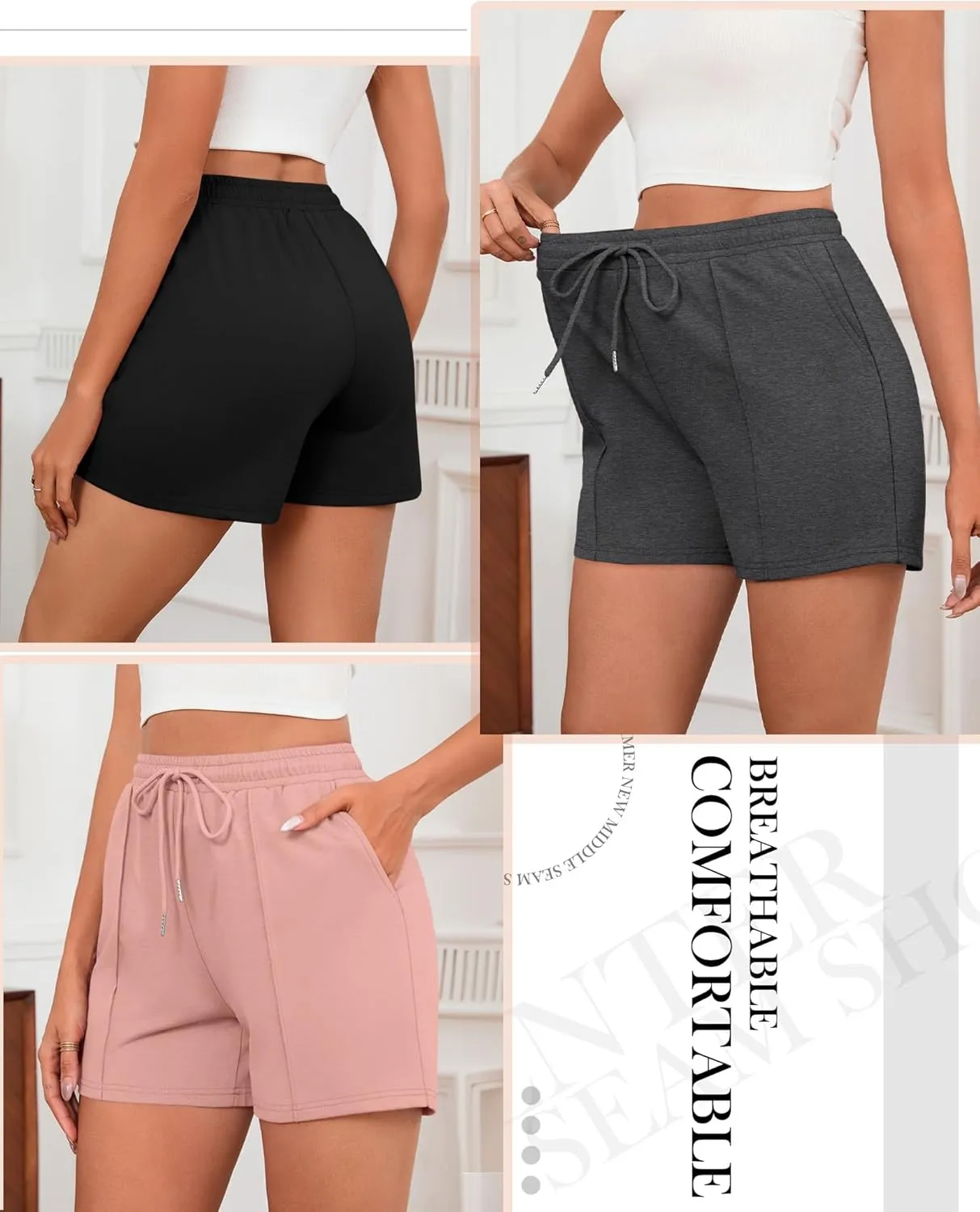 Neer 3 Pack Women's Sweat Shorts, Casual Drawstring Athletic Shorts Summer Lounge Loose Solid Active Short Pants with Pockets